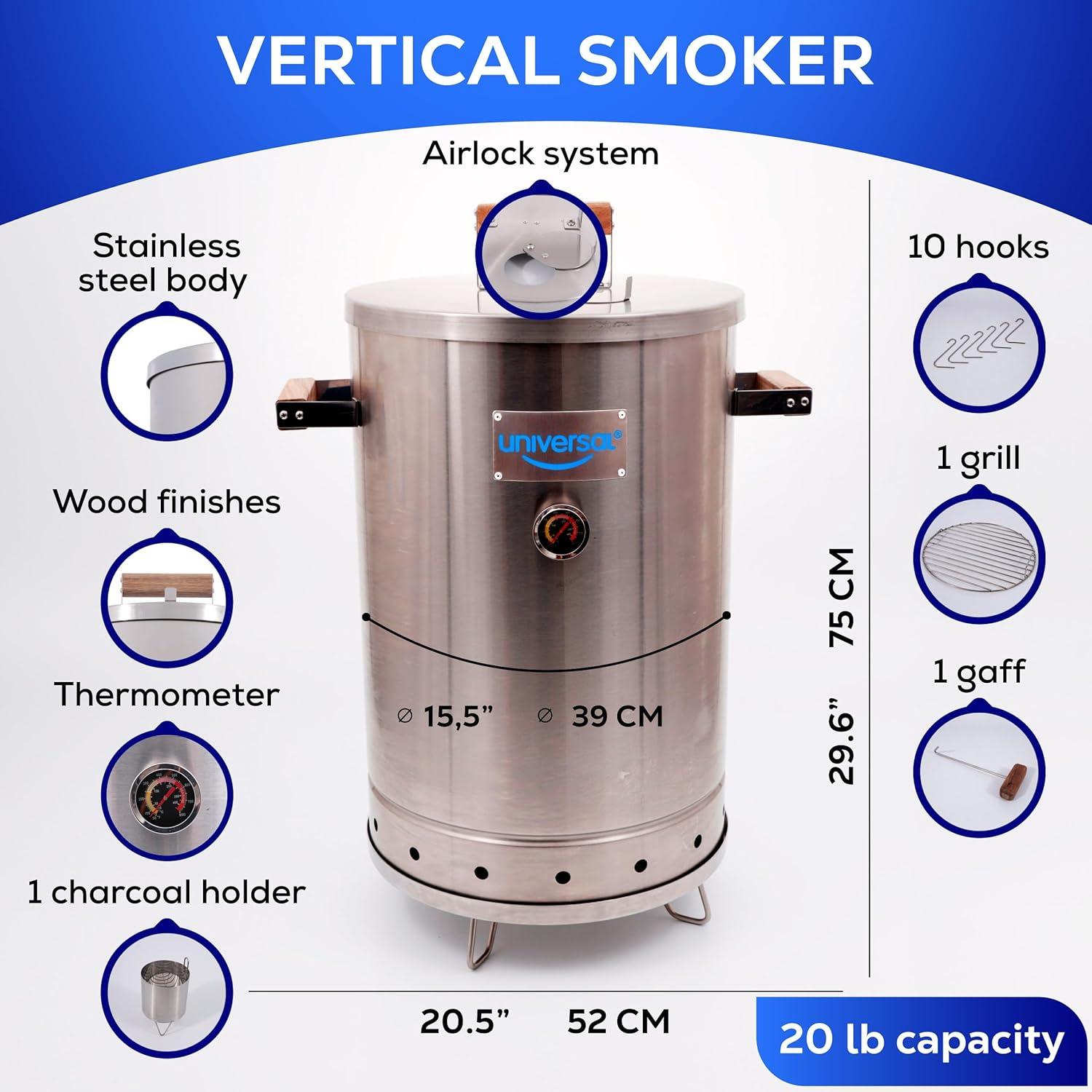 Universal Universal 20-Pound Stainless Steel (25-Servings) Charcoal Barrel Smoker With Thermometer & Airlock System - 20.5 X 29.6 X 15.5 Inch, 2 In 1 Vertical Grill And Smoker, Slow Cooking Barrel