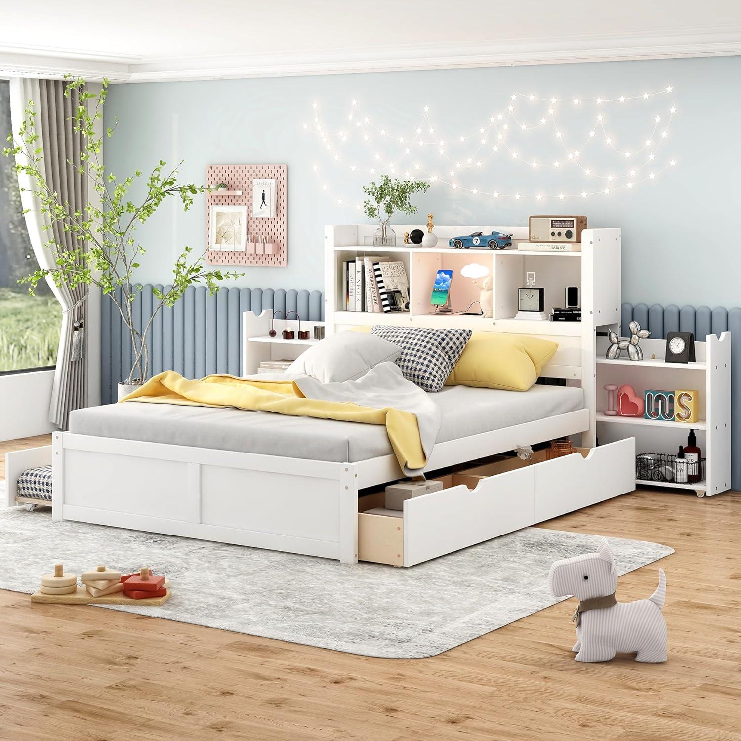 White Full Platform Bed with Storage Headboard and Trundle