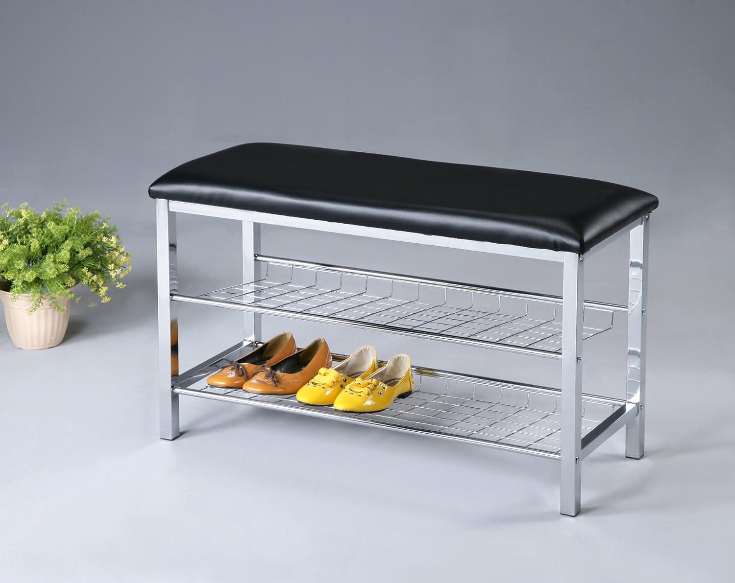 Roundhill Furniture Metal Shoe Bench with Faux Leather Seat, Chrome and Black