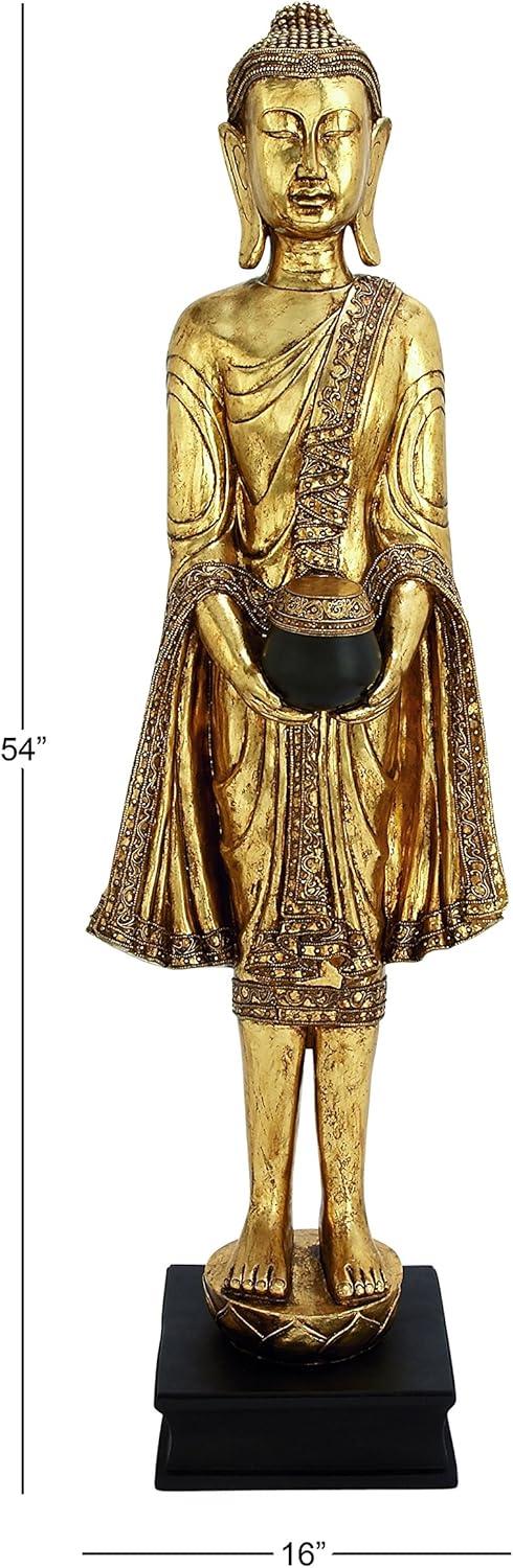 16" x 54" Gold Resin Meditating Buddha Sculpture with Engraved Carvings and Relief Detailing, by DecMode