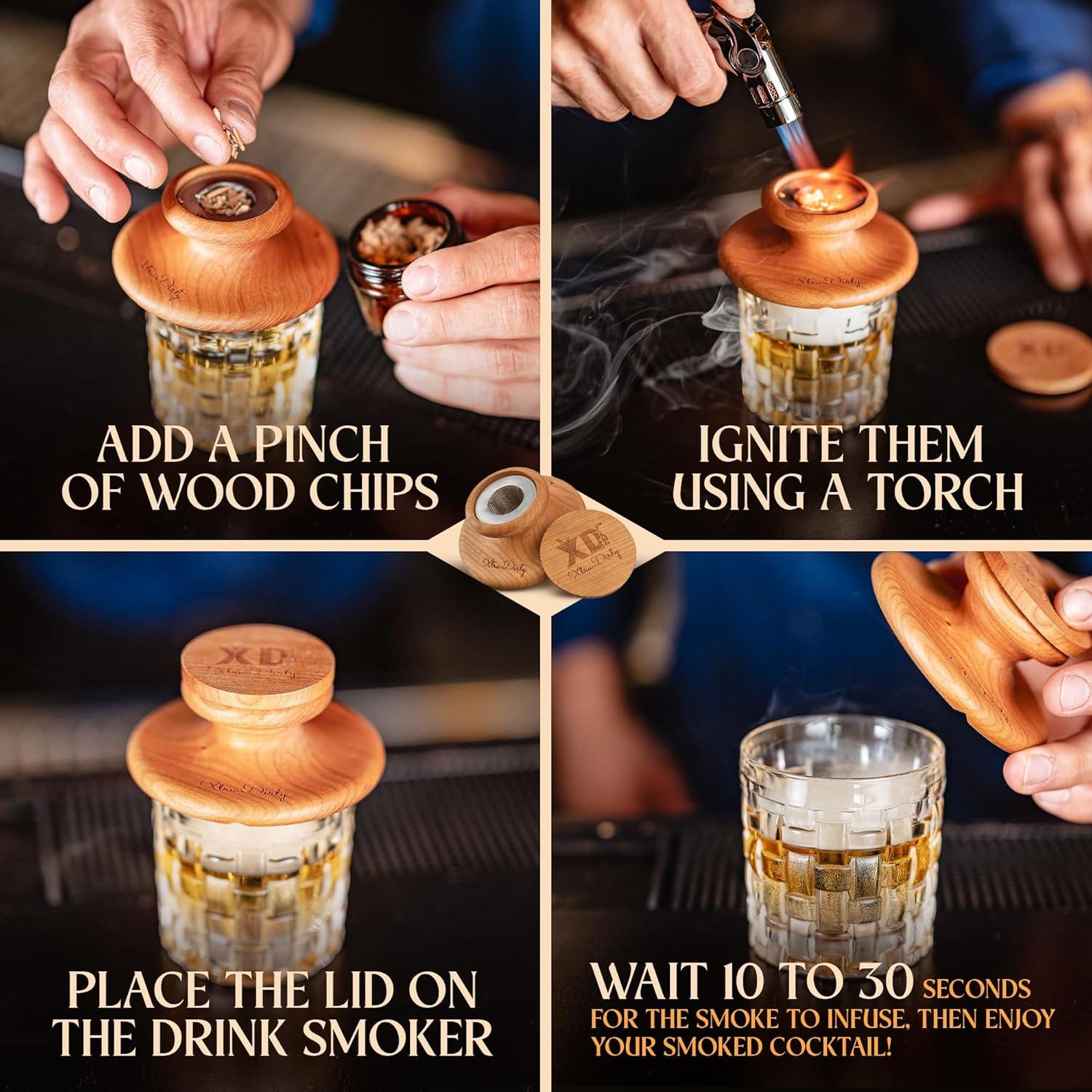 Cocktail Smoker Kit - 8 Wood Chips - 4 Flame Jet Torch - Old Fashioned Cocktail Kit - Whiskey Gift for Men for Him - Whiskey Smoker Kit - Bourbon Smoker