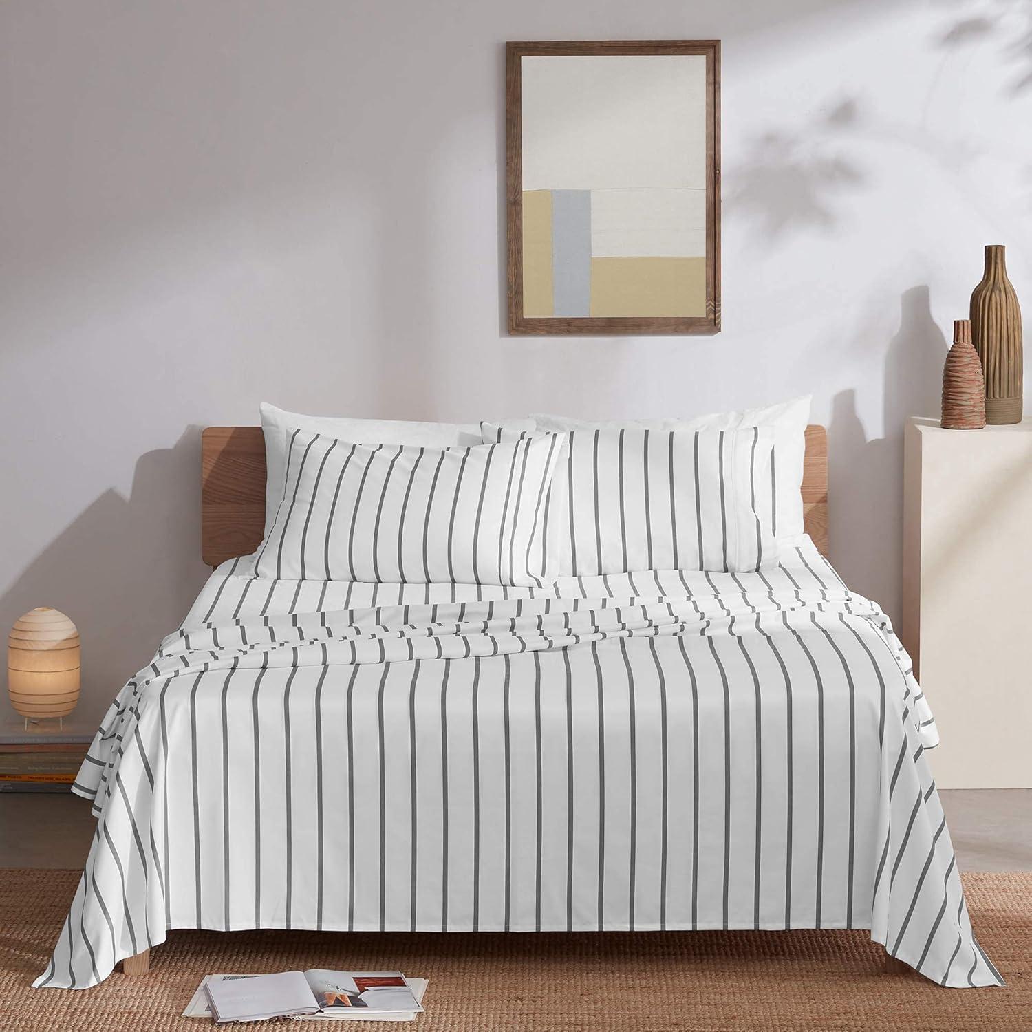 SLEEP ZONE Striped Sheet Set Queen Size 4 Piece - Double Brushed Microfiber Super Soft Breathable Bedding Sheet Deep Pocket 16" (Grey Stripe Printed on White)
