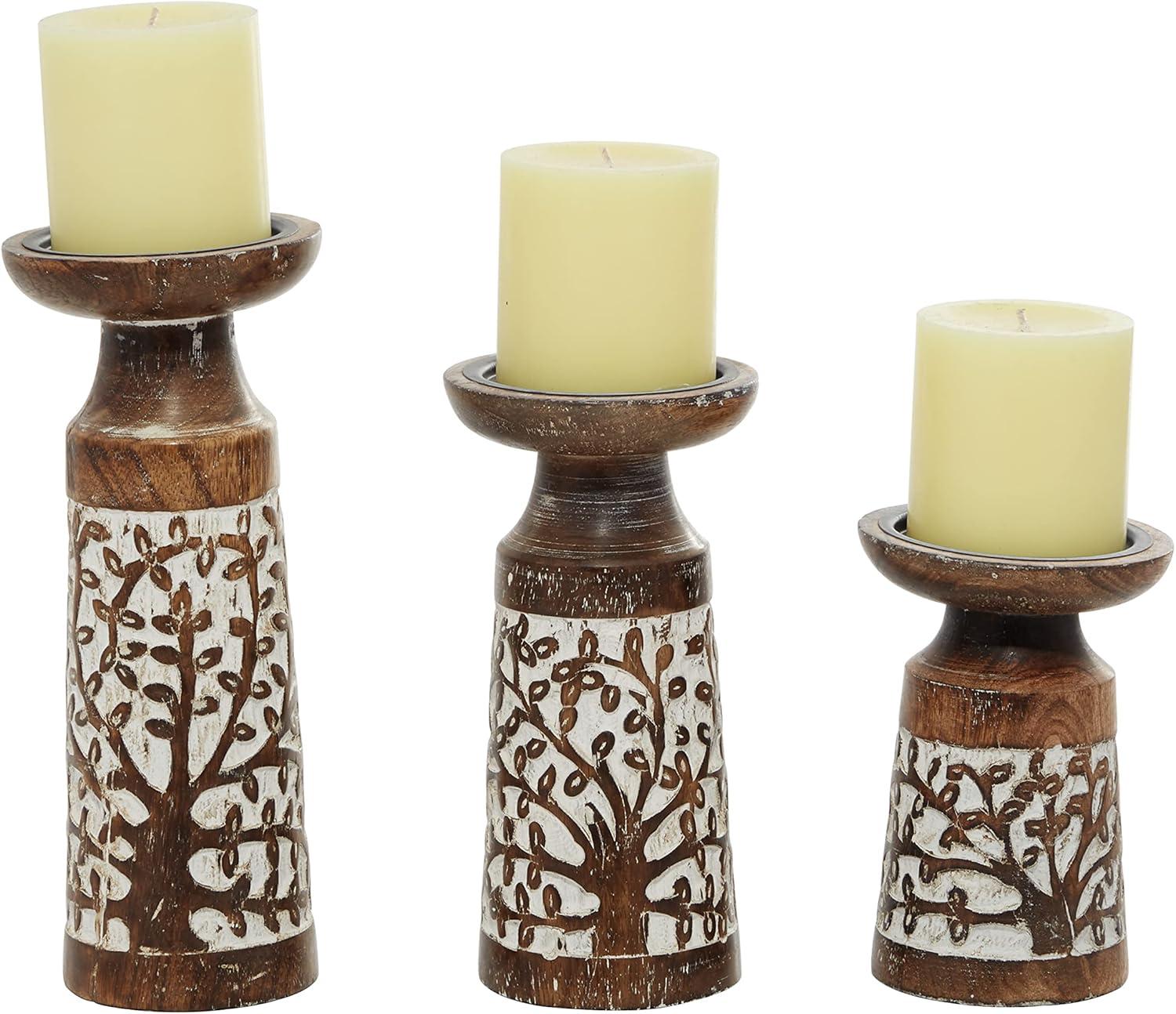 DecMode 3 Candle Brown Mango Wood Handmade Candle Holder, Set of 3