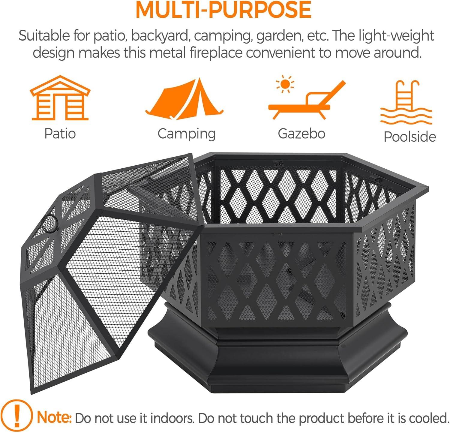 28" Fire Pit, Multifunctional Firepit Stove with Mesh Lid and Poker, Portable Wood Burning Pit with Fire Bowl and Spark Screen for Backyard, Garden, Camping, Outdoor Heating, Bonfire, Picnic, Black