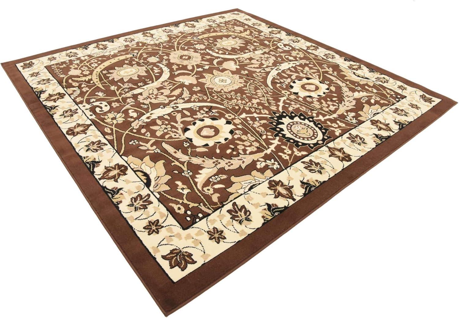 Espahan Brown and Beige Floral Square Synthetic Rug