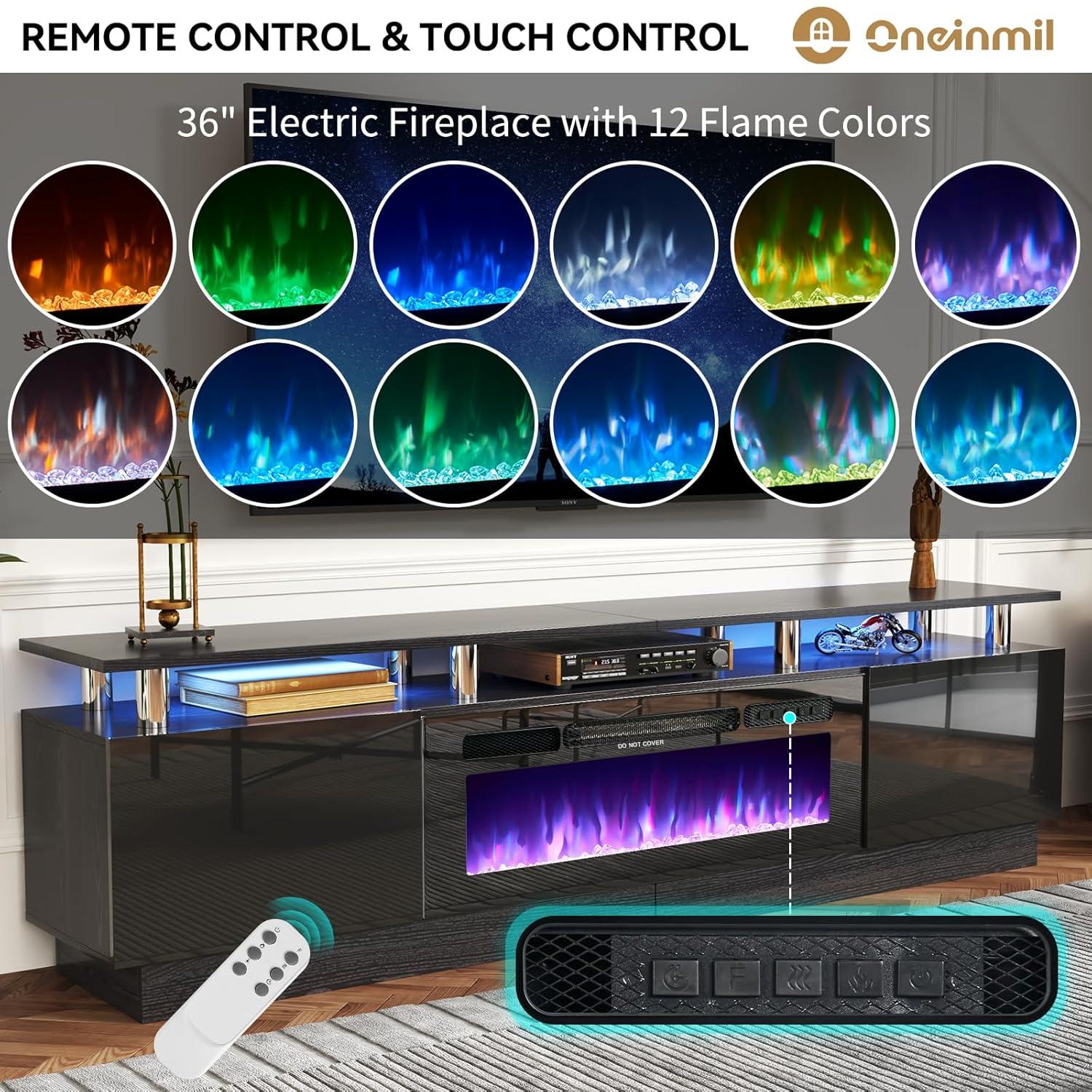 AOXUN Fireplace TV Stand with 36" Electric Fireplace, 80" 2 Tier TV Console Stand for TVs Up to 90", Black