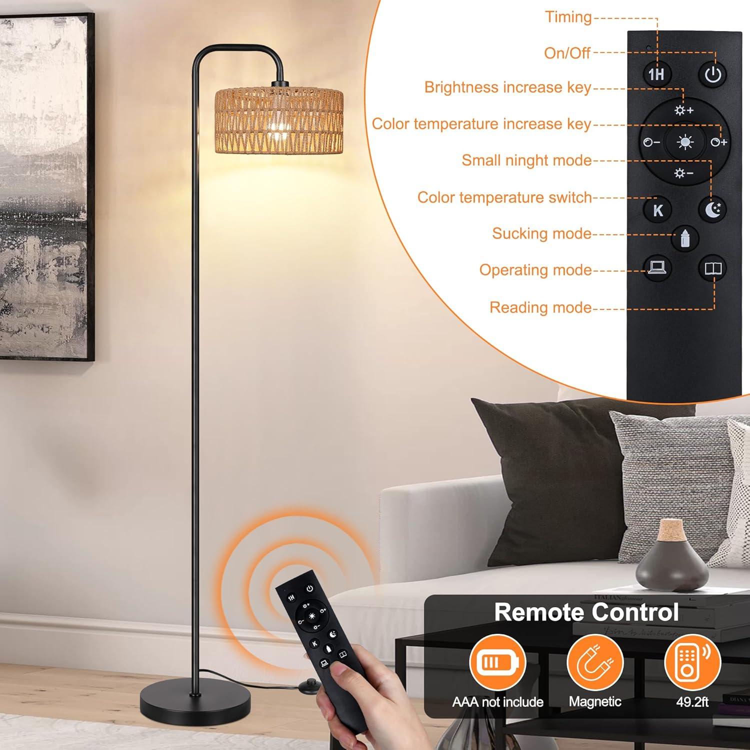 PARTPHONER Farmhouse Floor Lamp, 68''Tall Lamp for Living Room with Remote 3 Color Temperatures Boho Standing Lamp with Rattan Shades for Bedroom Study Room Office Hotel, Bulb Include