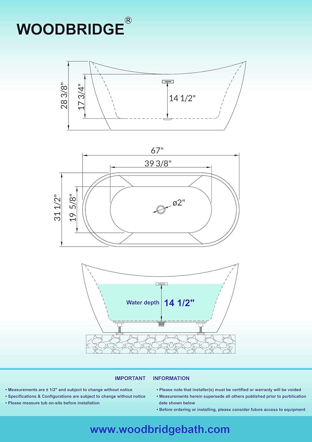 WoodBridge 67" x 32" Freestanding Soaking Acrylic Single Slipper Bathtub with Reversible Drain B0084-ORB-Drain &O