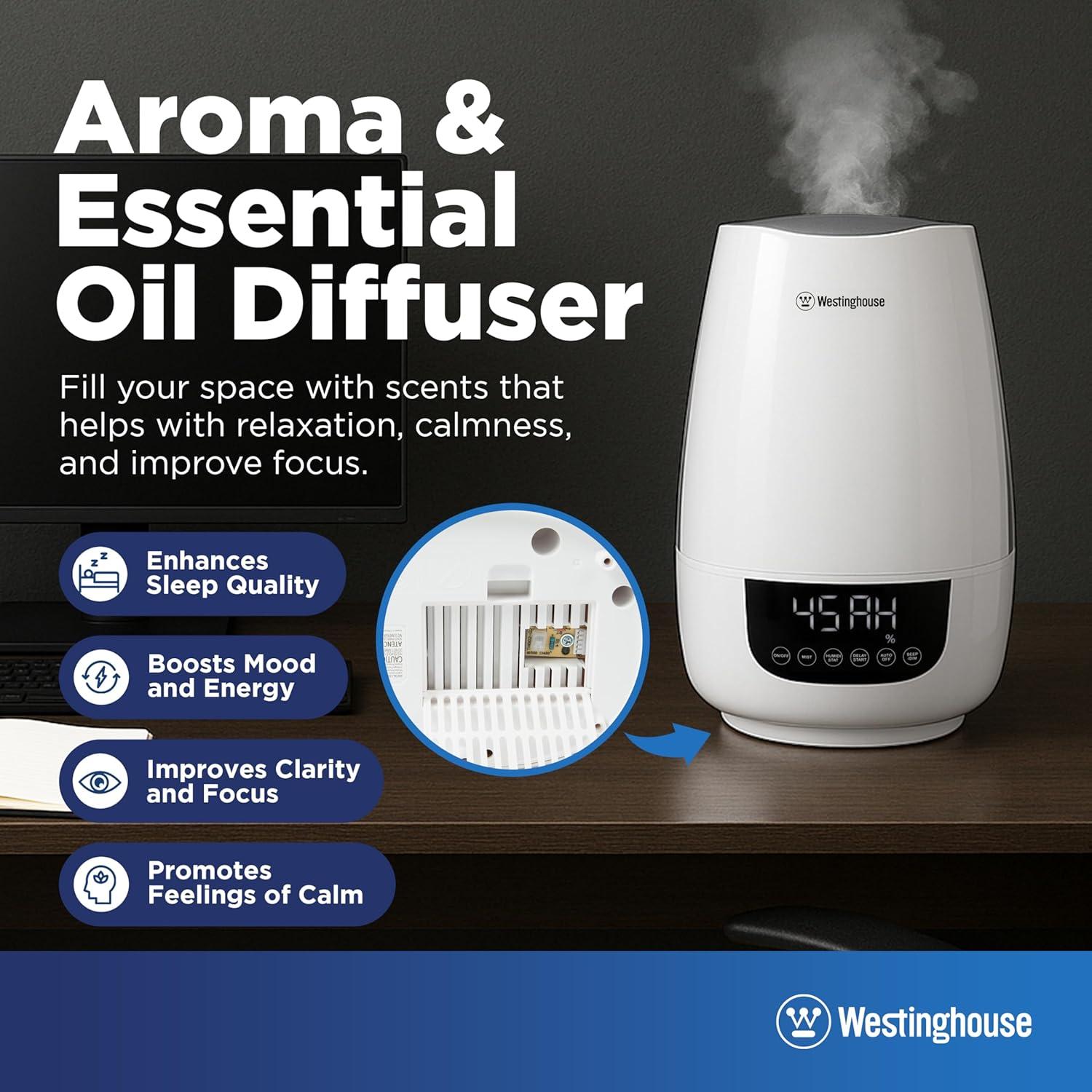 Westinghouse Digital Cool Mist Ultrasonic Humidifier, 6L Air Humidifier and Essential Oil Diffuser, Adjustable Mist Volume and Humidity Control
