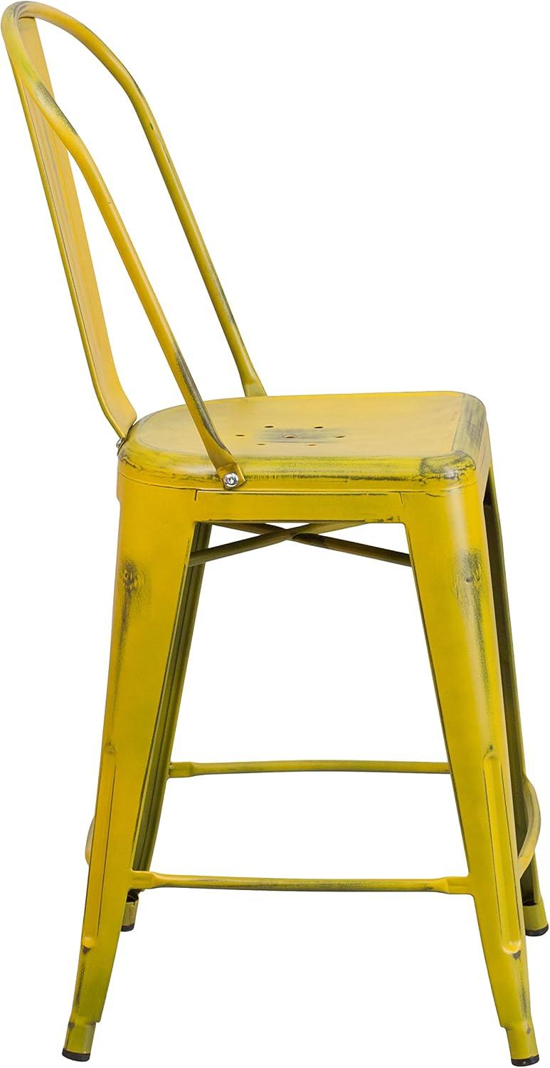 Flash Furniture Commercial Grade 24" High Distressed Yellow Metal Indoor-Outdoor Counter Height Stool with Back