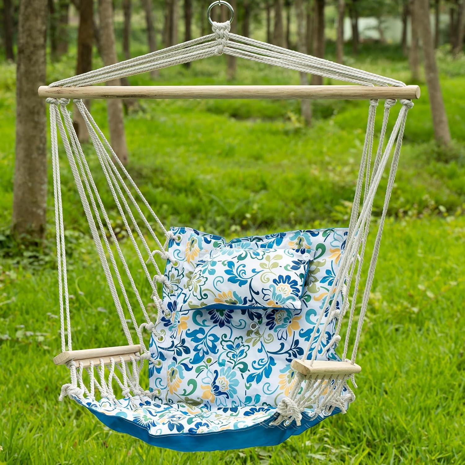 Hanging chair with Pillow & Arms- Extra Padded - Reversible Blue Floral