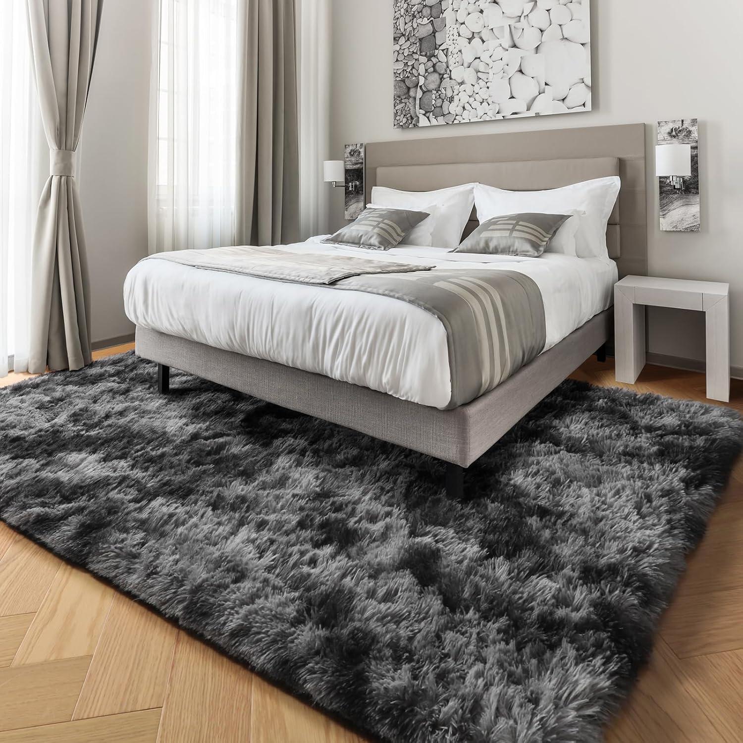 PAGISOFE Abstract Shaggy Area Rug 4' x 6' Plush Furry Rugs for Living Room, Tie-Dyed Dark Grey Soft Fluffy Rugs for Bedroom Grils Boys, Fuzzy Rugs for Nursery, Dorm. Shag Carpet for Kids Room Decor