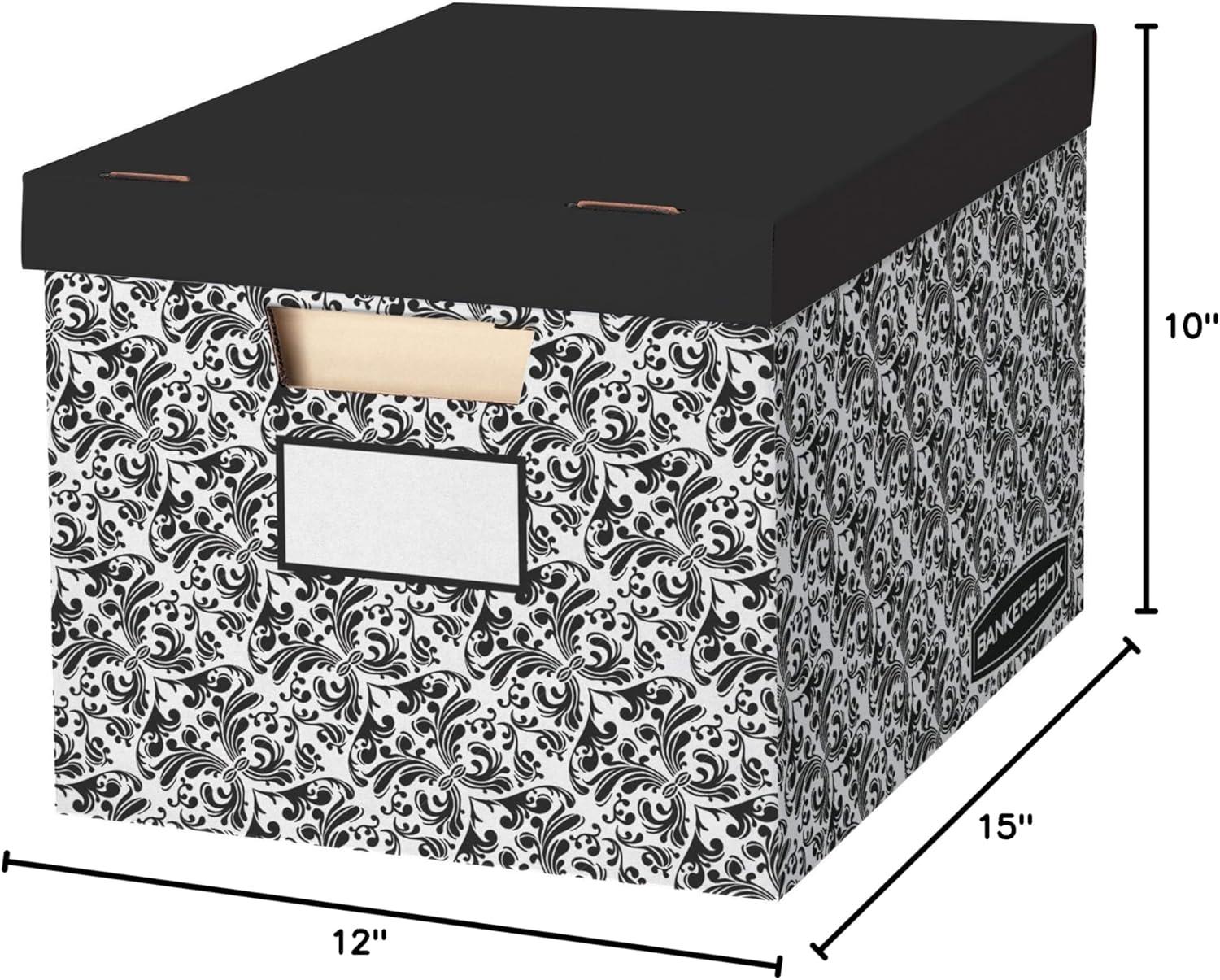 Bankers Box 10 Pack STOR/FILE Decorative Medium-Duty File Storage Boxes, FastFold, Lift-Off Lid, Letter/Legal, Black/White Brocade
