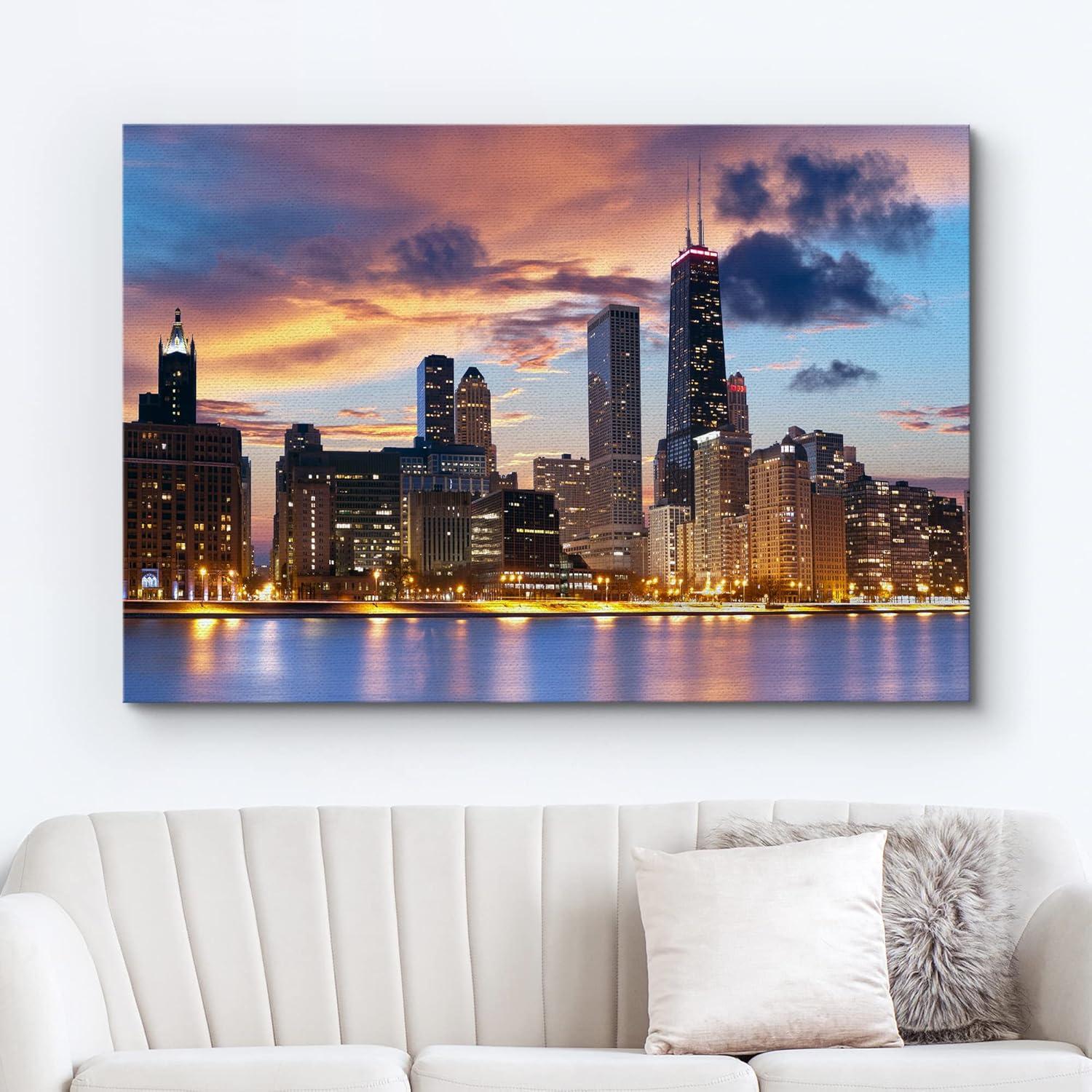 wall26 Canvas Print Wall Art Chicago City Sunset Night Skyline Architecture & Maps Cityscape Photography Realism Global Scenic Colorful Multicolor for Living Room, Bedroom, Office - 24"x36&q