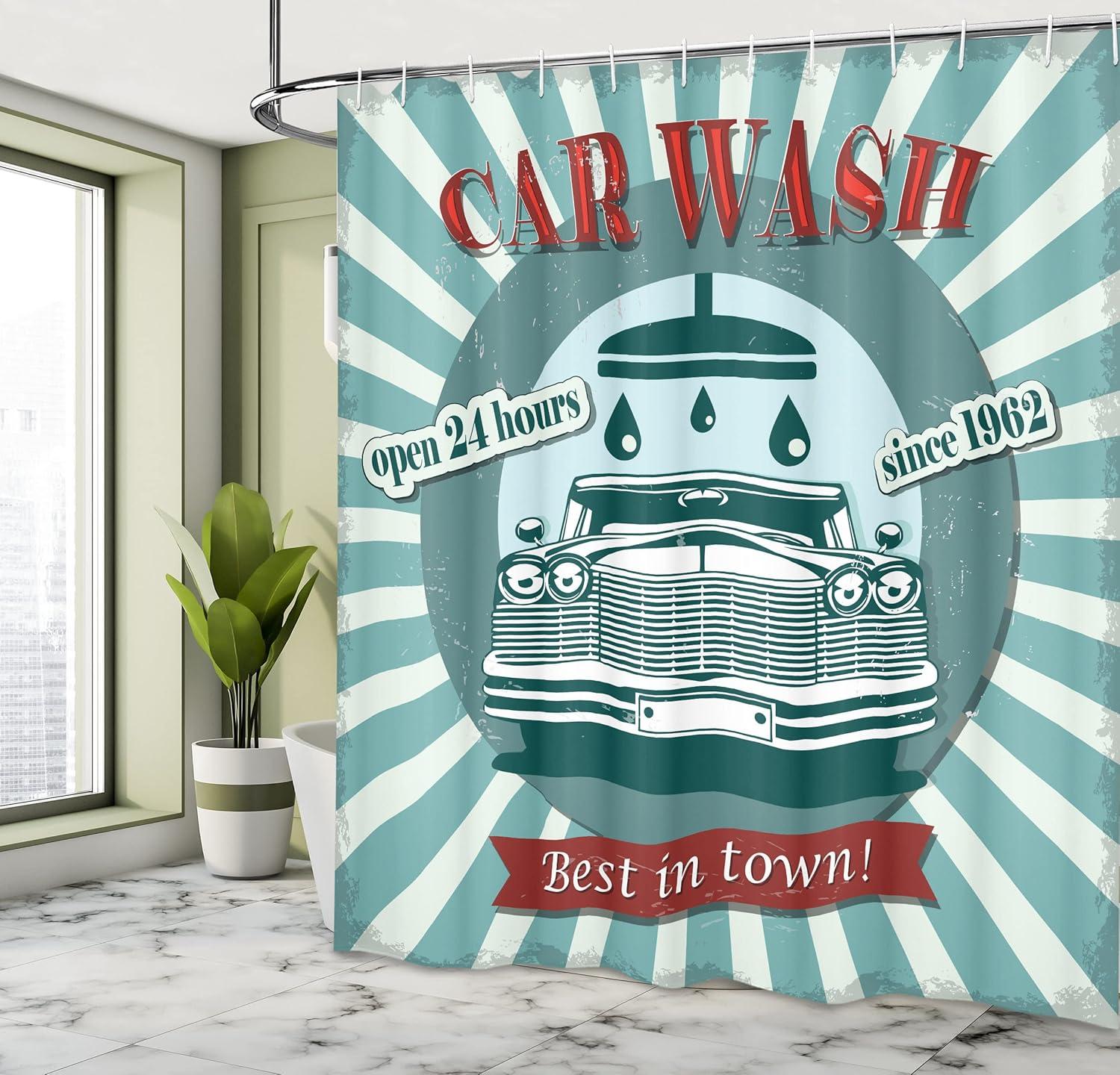 Ambesonne Retro Shower Curtain, Car Wash Sign Commercial, 69"Wx70"L, Red Teal