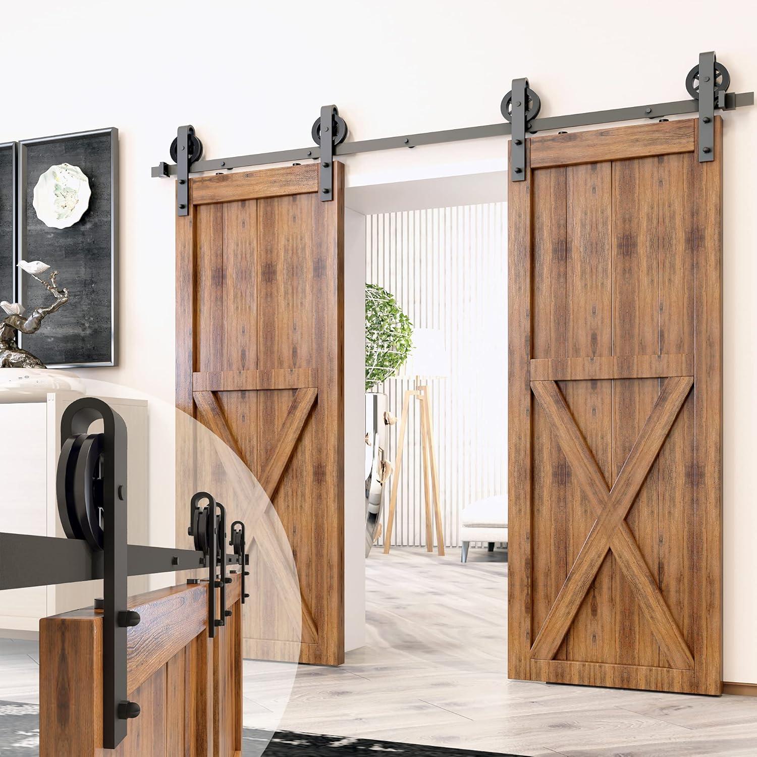 Black Rustic Spoke Wheel Design Non-Bypass Double Barn Door Hardware Kit( Door Not Included)