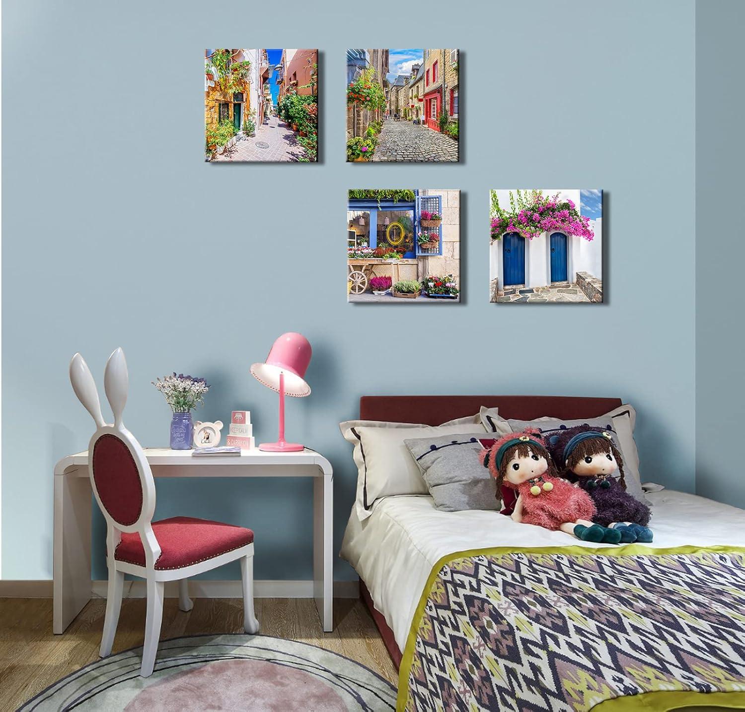 Italy Tuscan Wall Art, Colorful Nature Scenic Framed Pictures Canvas Prints, Modern Town Street Artwork Paintings for Living Room, Bedroom, Office Wall Decor