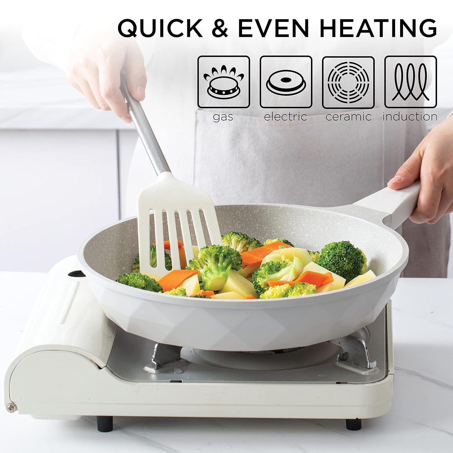 Country Kitchen 11-Pc Cast Aluminum Cookware Set Non Stick Pots and Pan Set, Cream Diamond