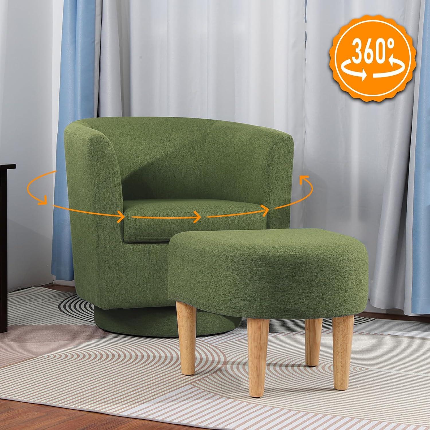 Green Velvet Barrel Swivel Accent Chair with Ottoman