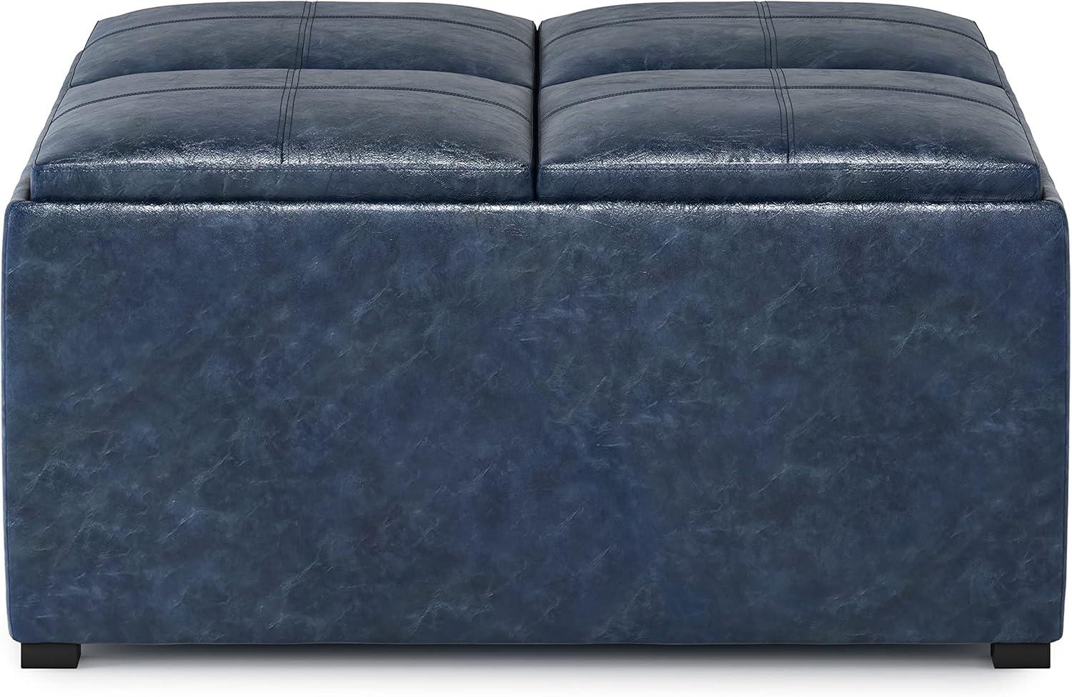 Avalon Denim Blue Square Storage Ottoman with Flip Trays