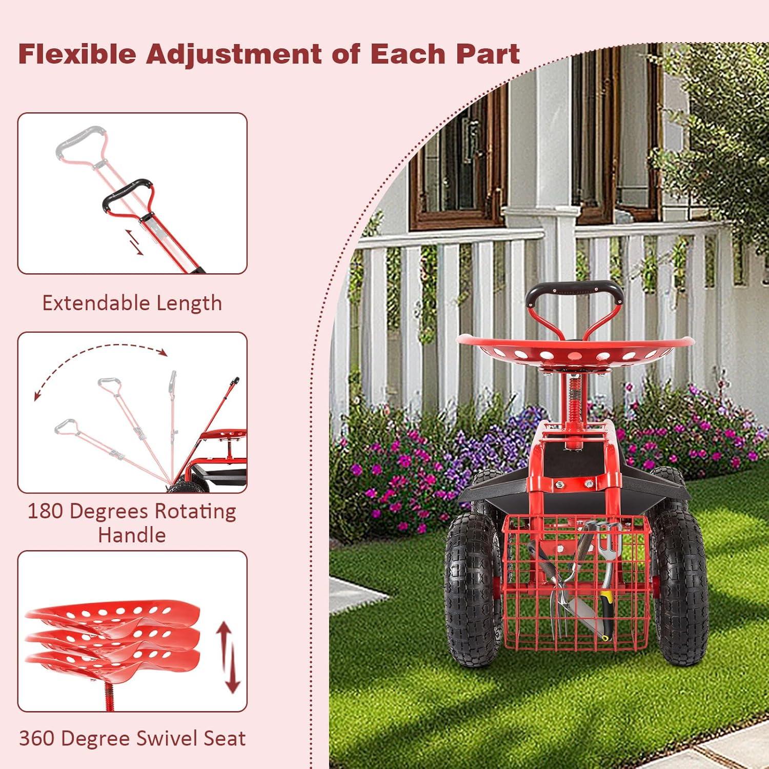 Rolling Garden Cart Scooter Stool - Garden Seat with Wheels Garden Cart with Seat, Adjustable Handle 360 Degree Swivel (Green)