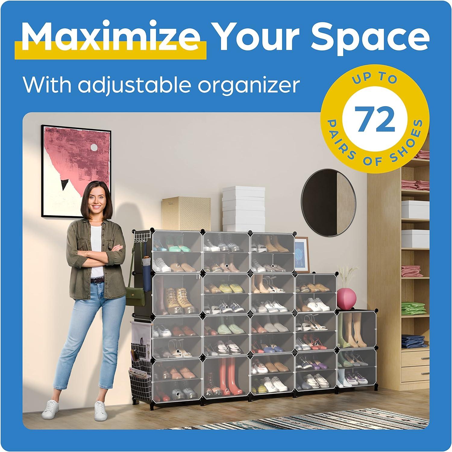 Shoe Organizer Cabinet Up to 72 Pairs, Shoe Closet-Covered Shoe Rack with See-Through Door (Clear, Plastic, Stackable) Cubby Portable Shoe Organizer with Covers, Hooks & Pockets, Black