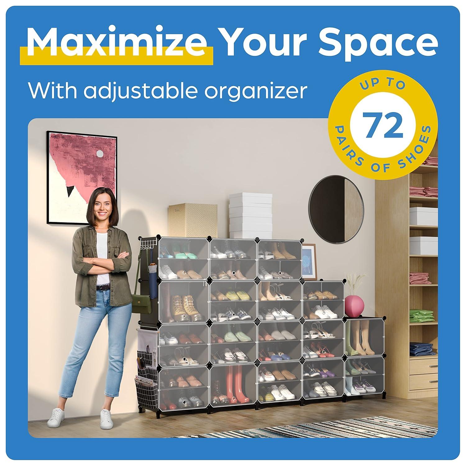 Shoe Organizer Cabinet Up to 72 Pairs, Shoe Closet-Covered Shoe Rack with See-Through Door (Clear, Plastic, Stackable) Cubby Portable Shoe Organizer with Covers, Hooks & Pockets, Black