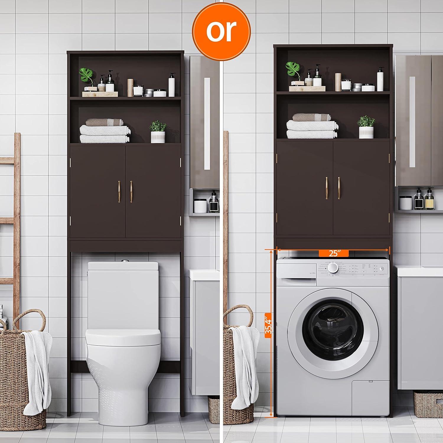Killeryuki Over The Toilet Storage, Taller Bathroom Organizer Space-Saving Storage Cabinet with Adjustable Shelves and Double Doors, 77 in H, Espresso