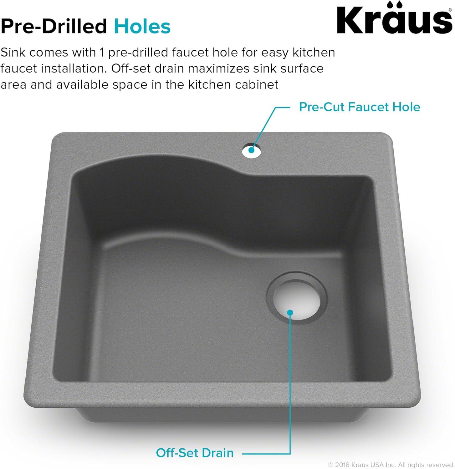 Kraus Quarza 25 Dual Mount Single Bowl Granite Kitchen Sink and Strainer in Grey