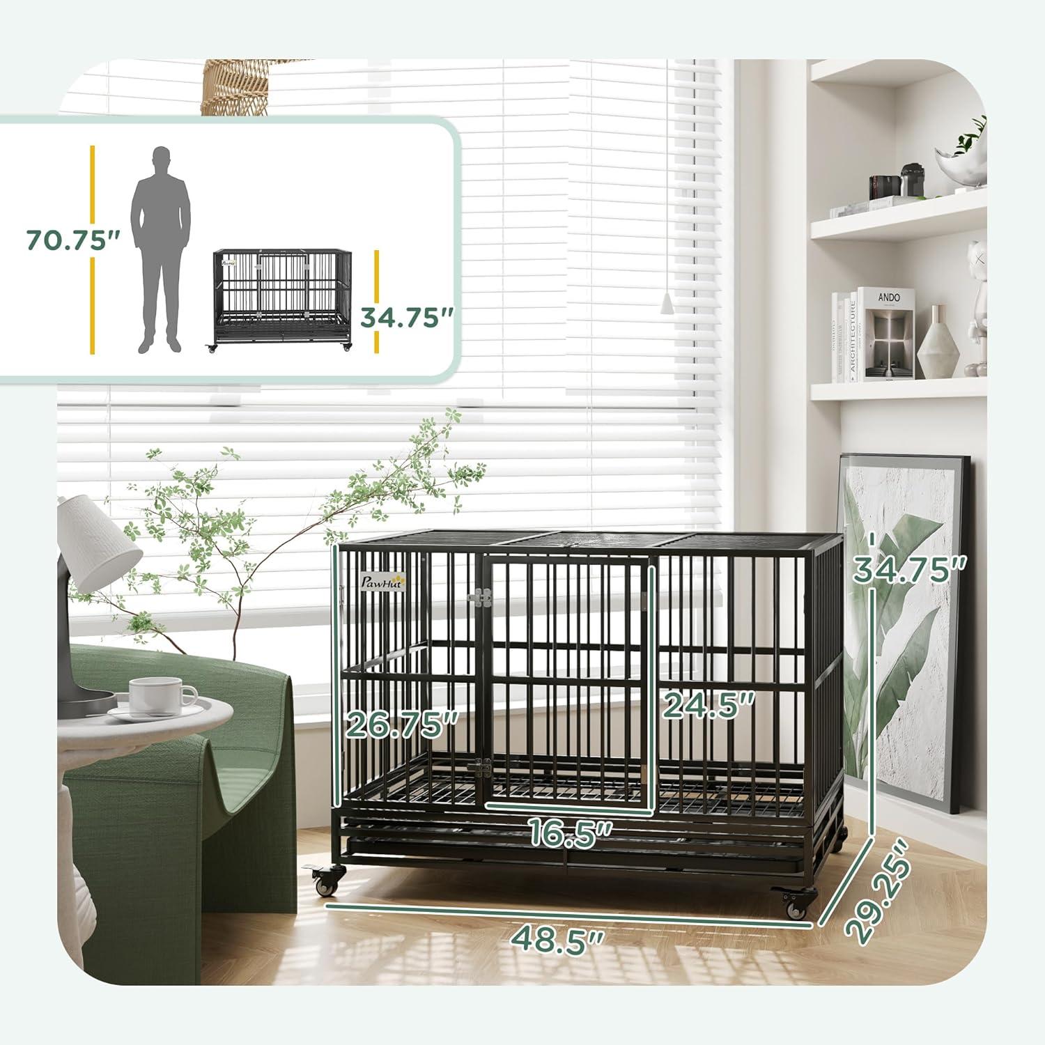 PawHut 48" Heavy Duty Dog Crate Metal Cage Kennel with Lockable Wheels, Double Door and Removable Tray, Gray