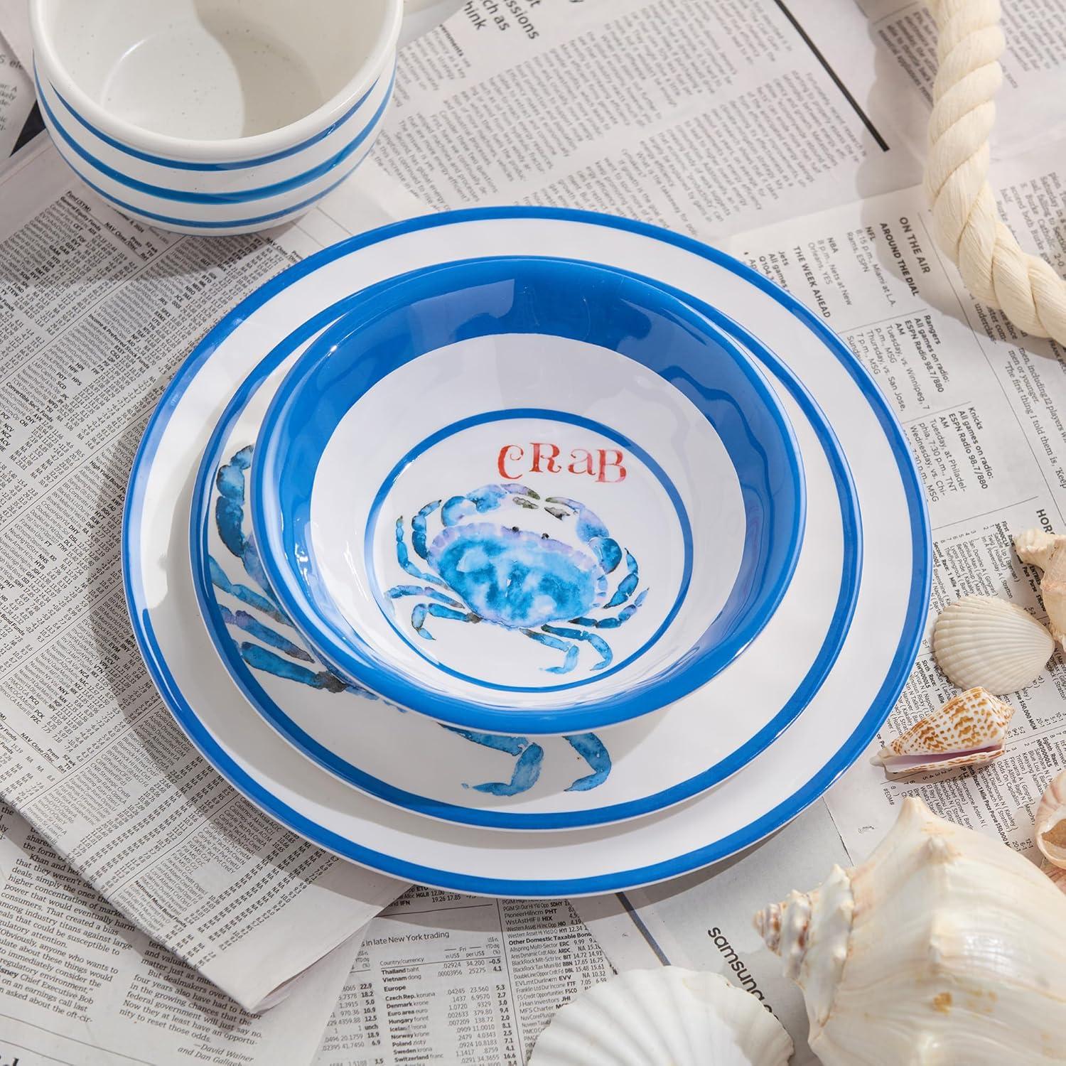 Certified International Beach House Crab 12-Piece Melamine Dinnerware Set – Blue & White Nautical-Themed Plates & Bowls – Shatterproof, Lightweight, and Dishwasher-Safe Coastal Tableware for Indoor & Outdoor Dining