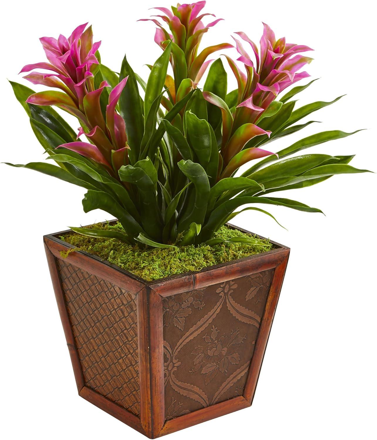 Nearly Natural Plastic 18" Red Triple Bromeliad Artificial Plant in Decorative Planter