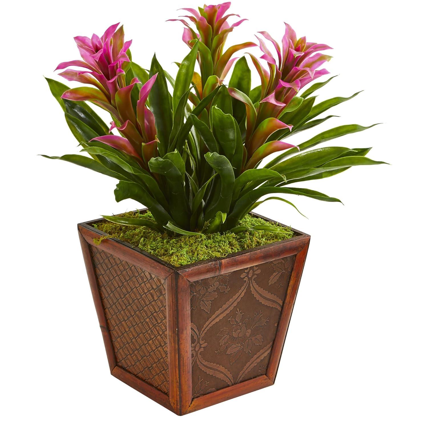 Nearly Natural Plastic 18" Red Triple Bromeliad Artificial Plant in Decorative Planter
