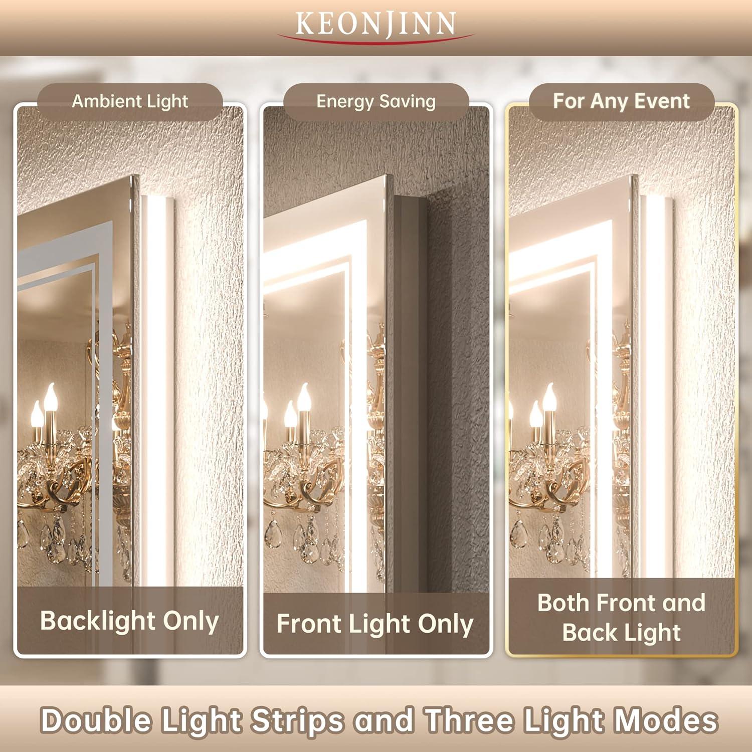 Keonjinn LED Bathroom Mirror 48" x 24" with Frontlit and Backlit, Stepless 3 Colors Temperature & Dimmable Wall Mirror, Tempered Glass, UL Listed LED Driver, Double LED Strips Lighted Vanity Mirror
