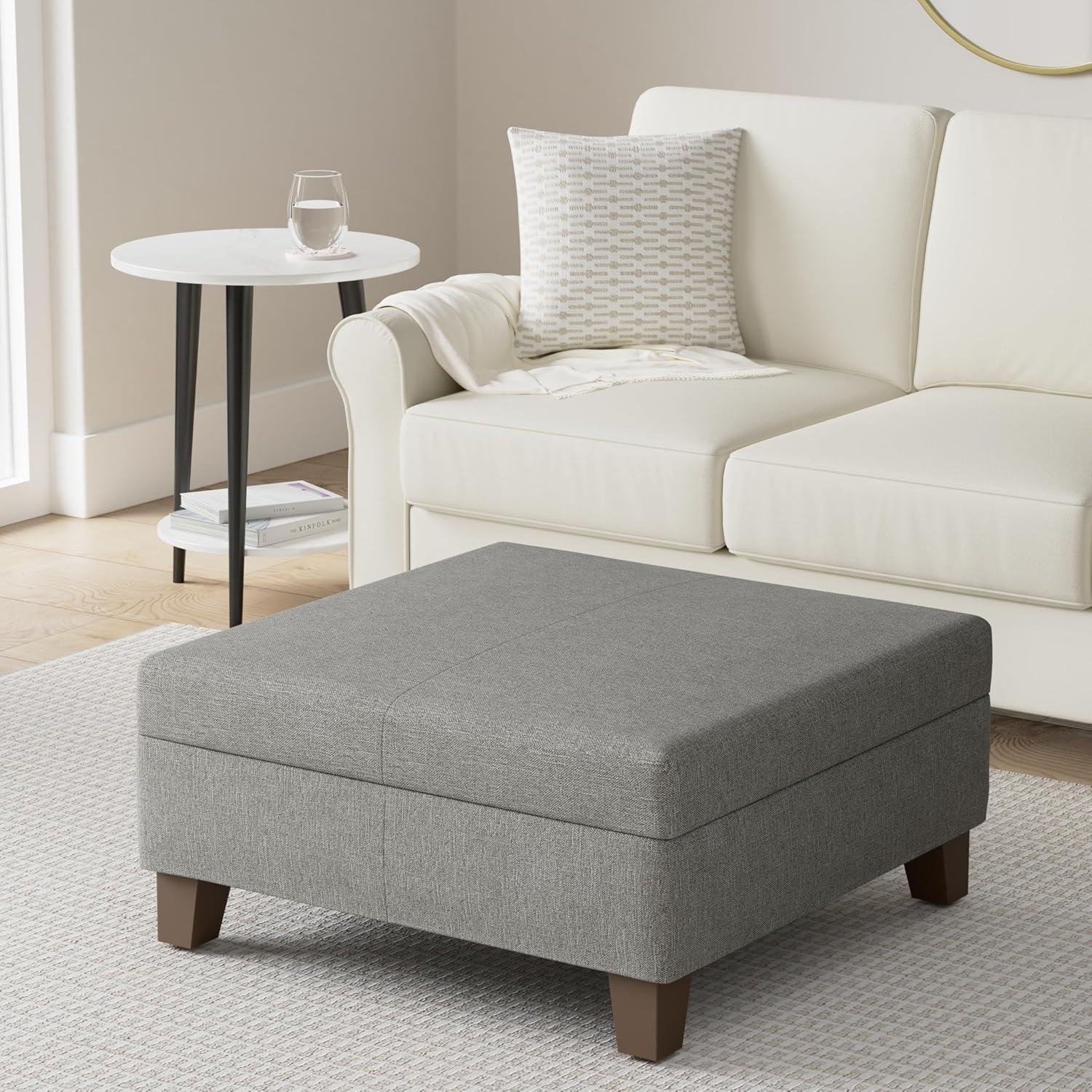 32" Luxury Square Storage Ottoman Slate Gray - HomePop: Textured Fabric, Hinged Lid, Wood Legs, Easy Assembly