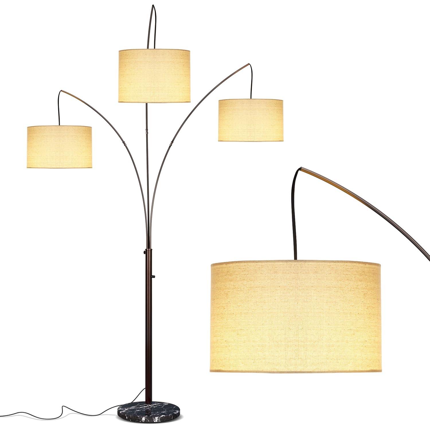 Brightech Trilage 84 in. Mid-Century Modern 3-Light Adjustable LED Arched Standing Floor Lamp with 3 Fabric Drum Shades