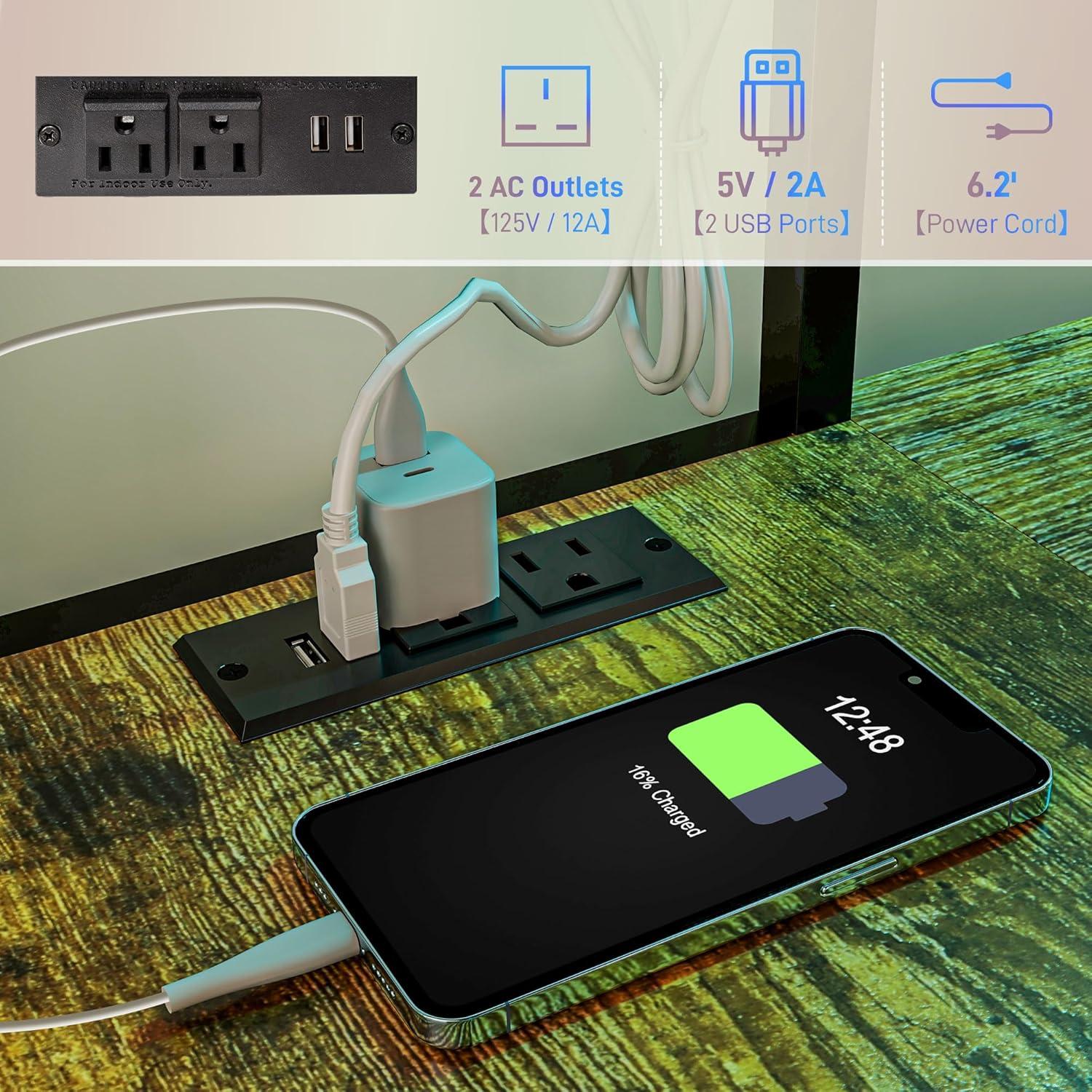 HOMCOM Twin Loft Bed with Desk, LED Lights, Charging Station, Twin Size Metal Loft Bed Frame with Safety Guardrail, Ladder, Noise Free, Black