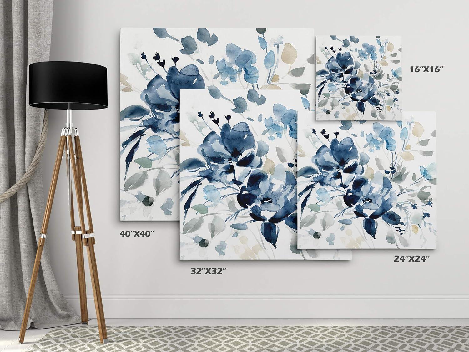 Indigo Floral Watercolor Canvas Wall Art, 32x32