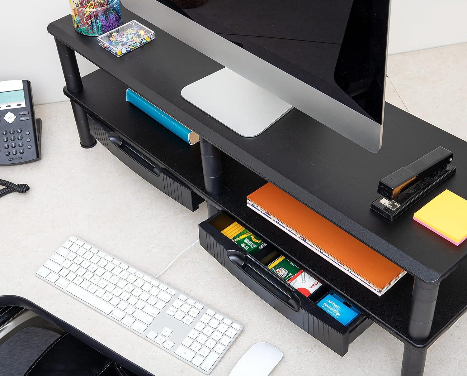 Black Dual Monitor Stand with Storage Shelves and Drawers