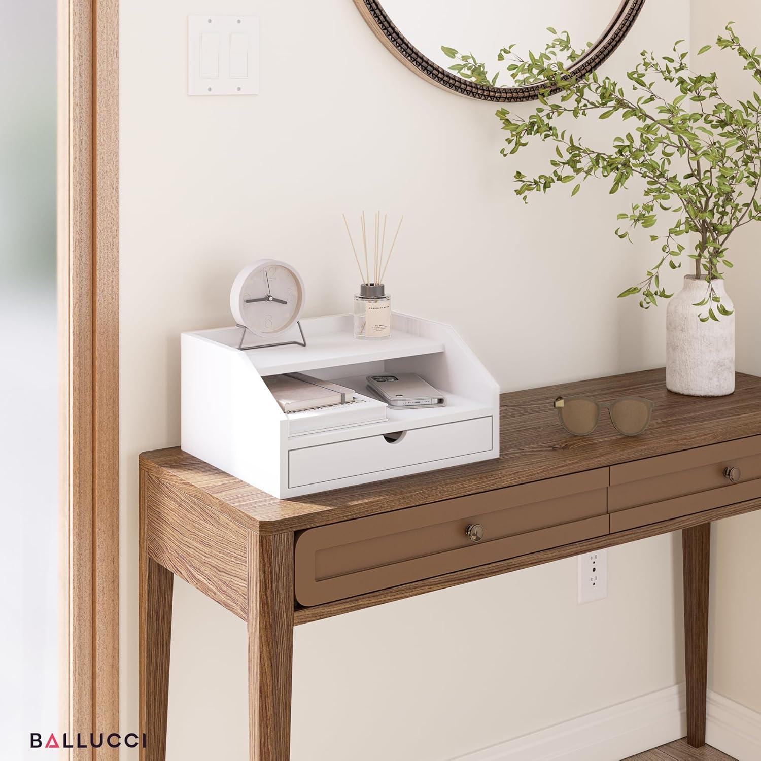 Ballucci Desk Organizer with Drawer, 2 Tier Paper Office Supplies Desk Organizer, 13 2/5" x 9 3/5" x 6", White