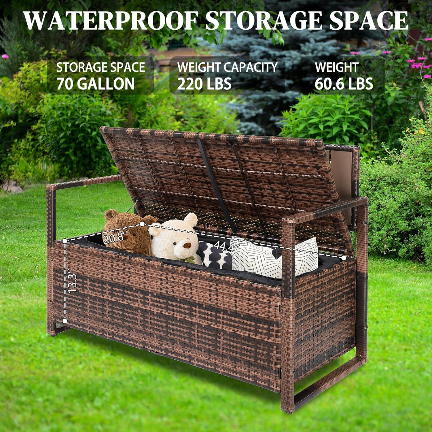 VINGLI 50 inch Outdoor Storage Bench, 70 Gallon Outdoor Bench with Storage Wicker Patio Deck Box, Storage Box for Deck Porch Bench Patio Storage Bench