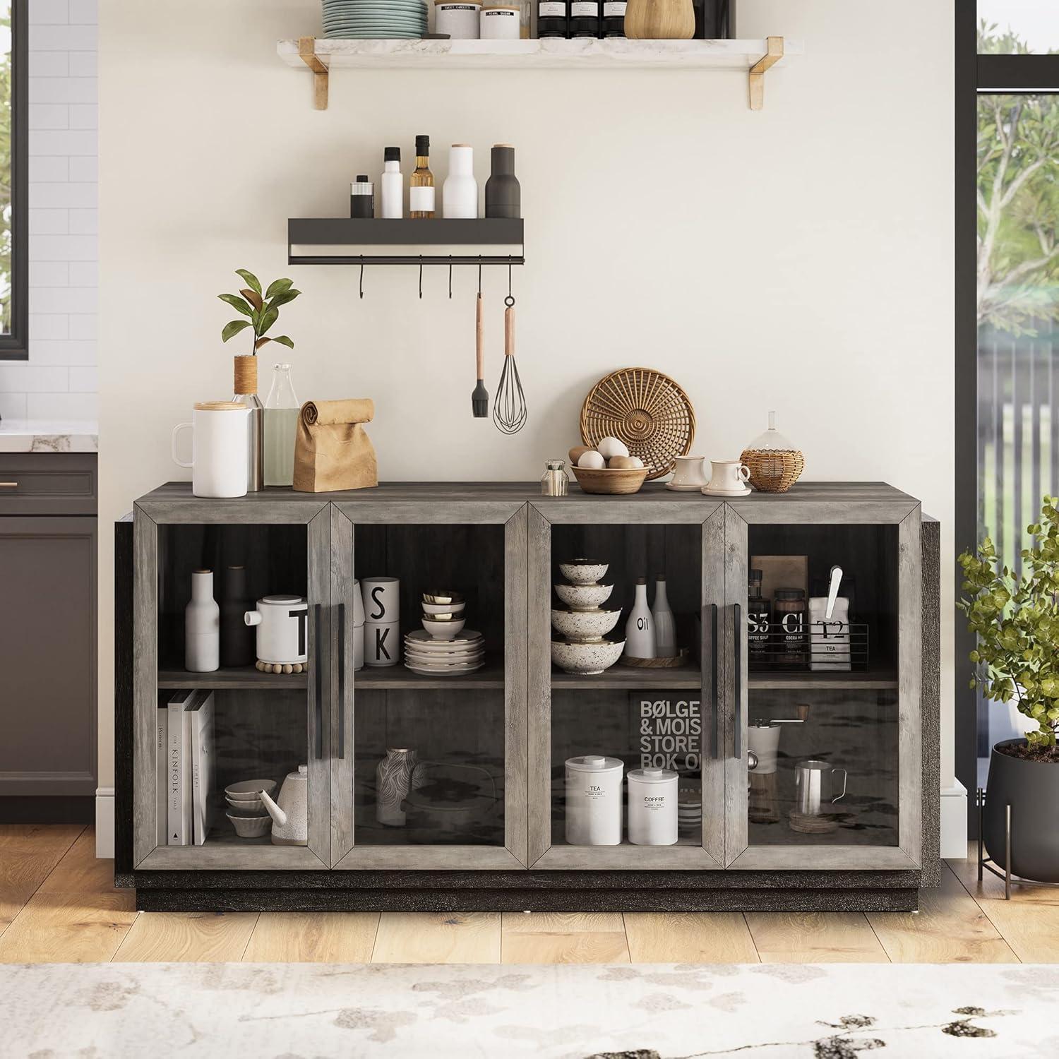 BELLEZE Sideboard Buffet Cabinet, Modern Wood Glass-Buffet-Sideboard with Storage, Console Table for Kitchen, Dinning Room, Living Room, Hallway, or Entrance - Brixston (Grey)