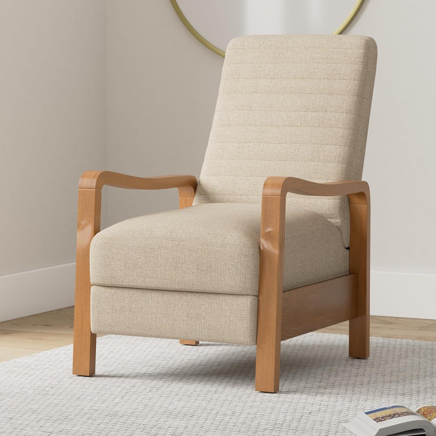 Munro Contemporary Fabric Channel Stitch Pushback Recliner Sand/Teak - Christopher Knight Home: Mid-Century Design, Rubberwood Frame