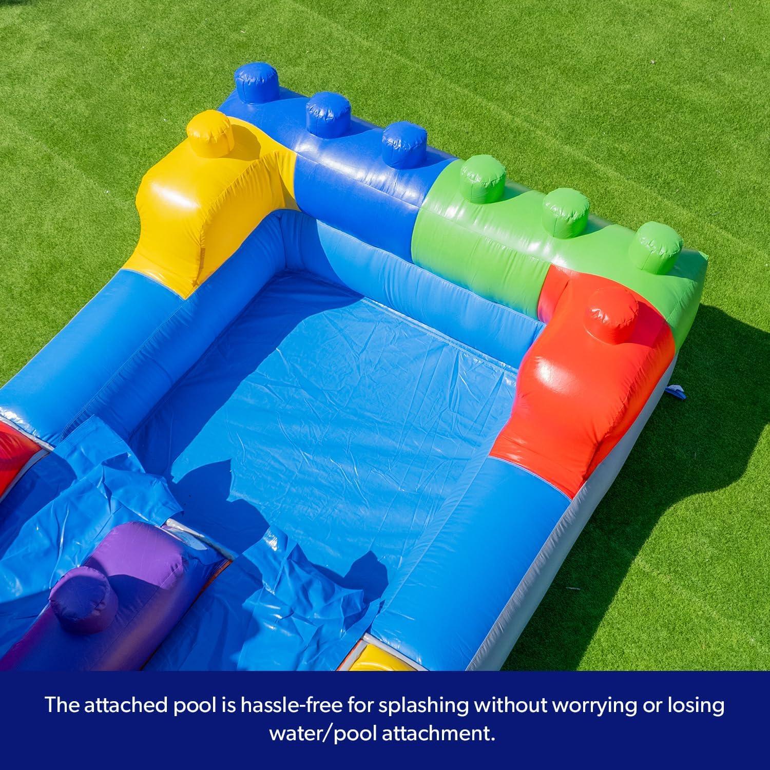Herokiddo Block Party 12’ Tall Dual Lane Backload Inflatable Water Slide With Attached Pool, For Kids And Adults, Commercial Grade Pvc Vinyl, Outdoor Backyard Fun, Blow Up Water Park, (blower Included)