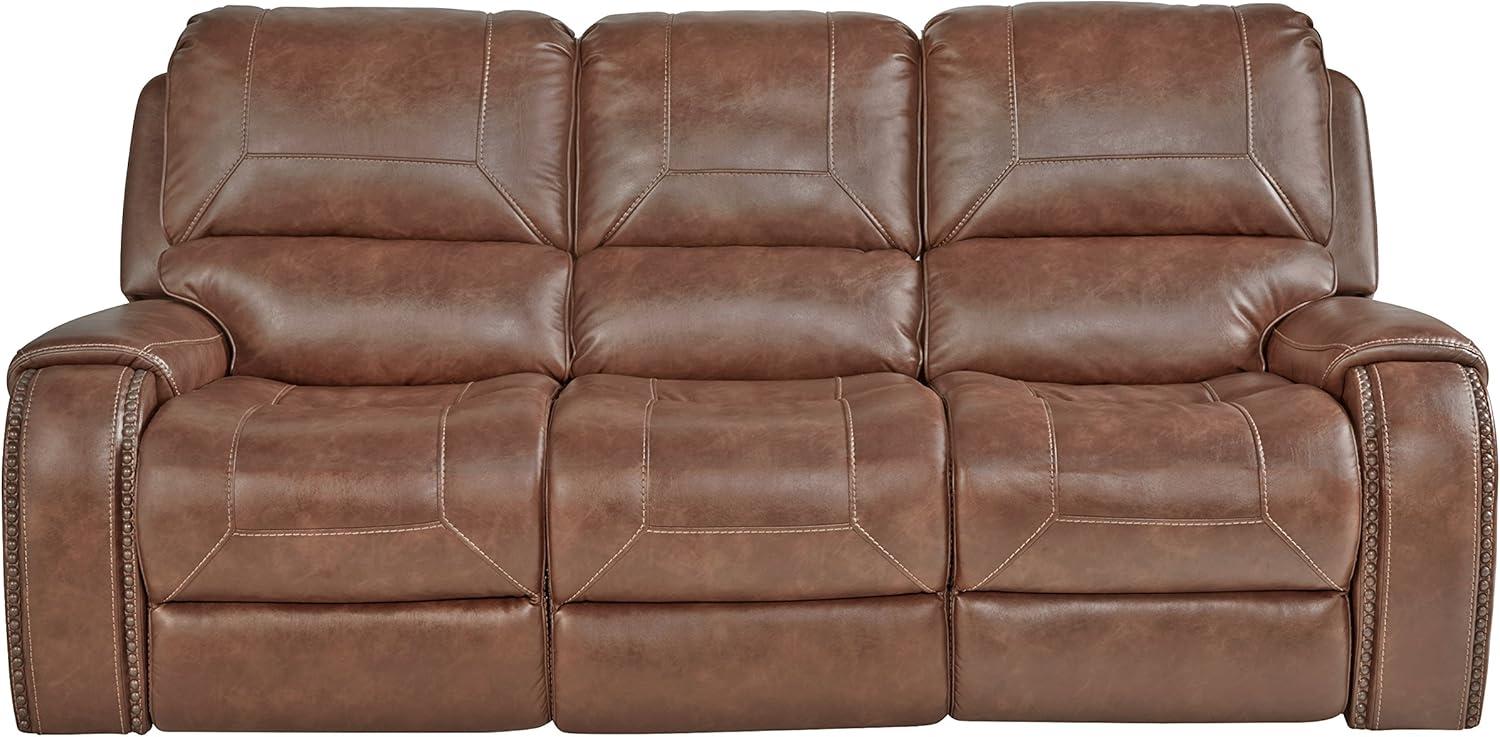 Roundhill Furniture Achern Brown Leather Nailhead Manual Reclining Sofa with Storage Console and USB Port