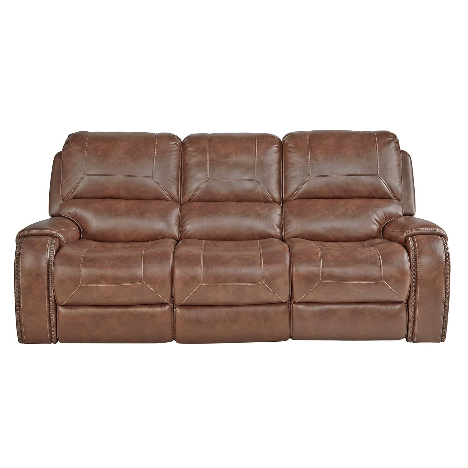 Roundhill Furniture Achern Brown Leather Nailhead Manual Reclining Sofa with Storage Console and USB Port