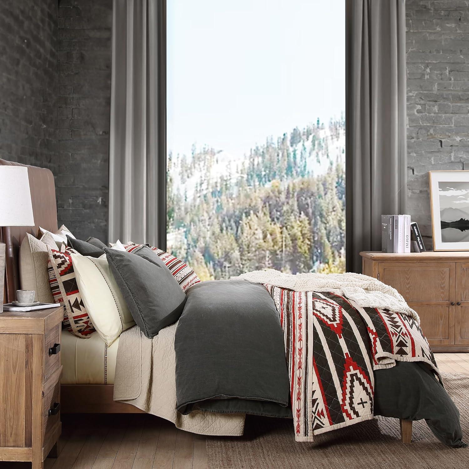 Cortez White Red Gray Brown Cotton Geometric Aztec Pattern Reversible Western Lodge Quilt Set