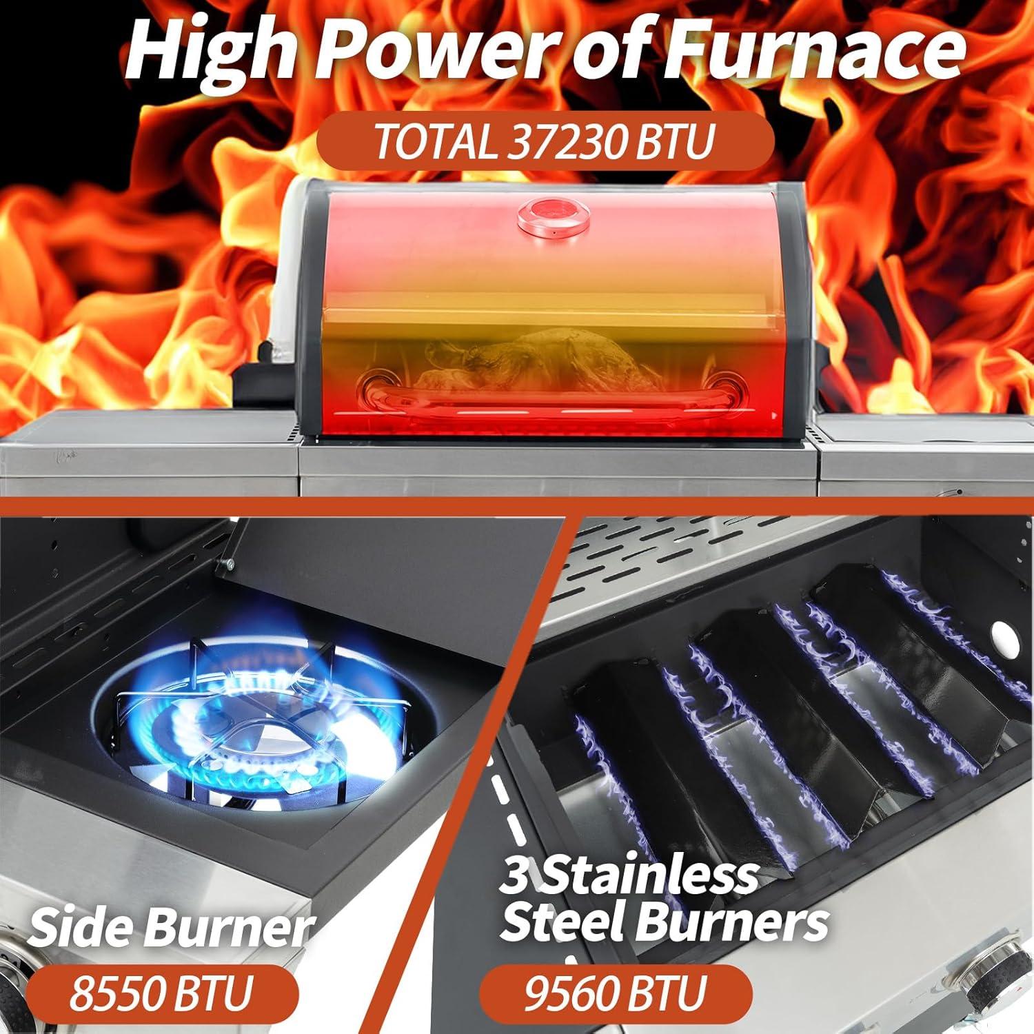 4-Burners Propane Gas Grill with Side Burner & Thermometer, Stainless Steel Propane Grill for Outdoor BBQ and Camping, Patio Backyard Barbecue, 42000 BTU Output