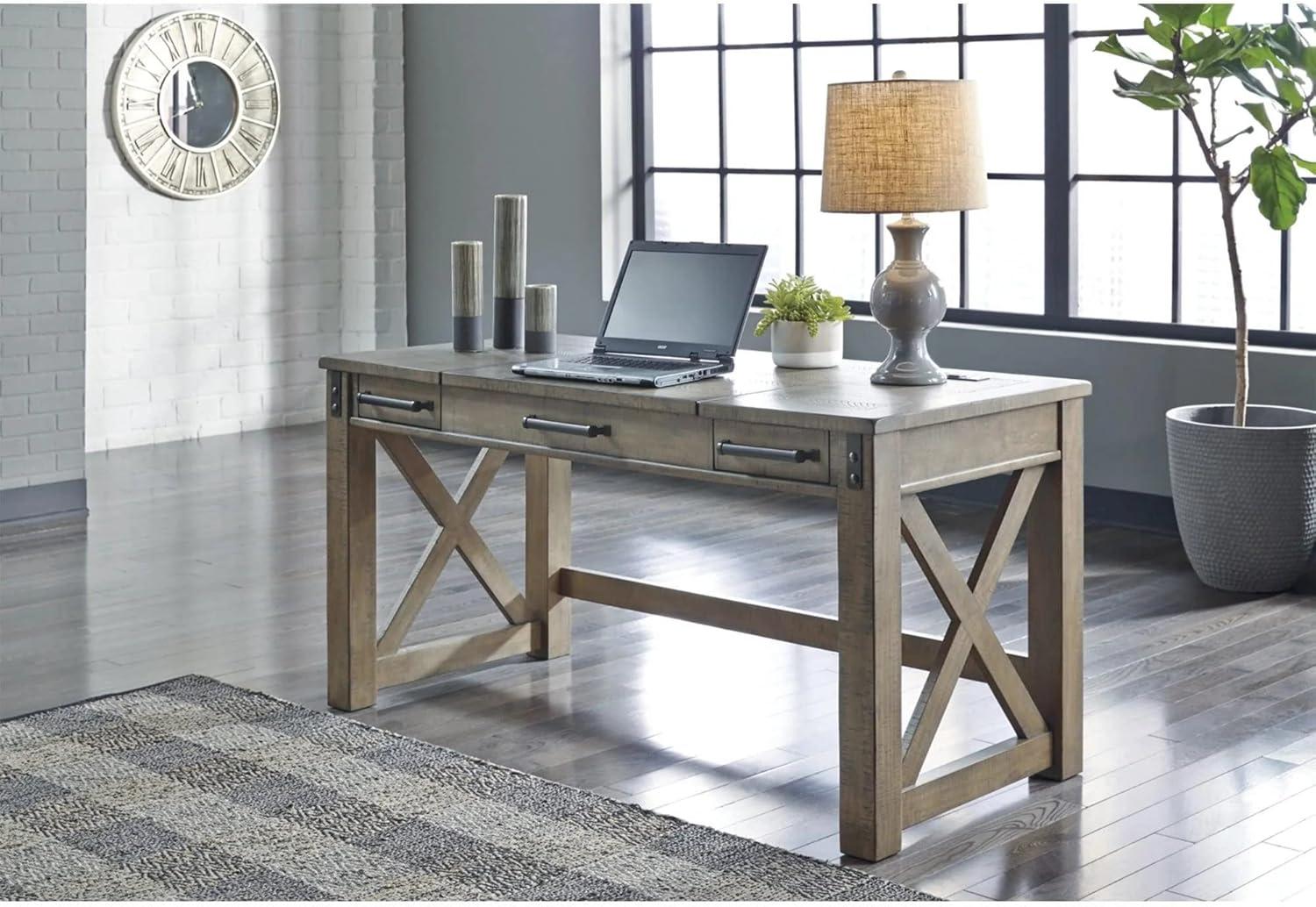 Rustic Farmhouse Gray Pine Corner Desk with Power Outlets and USB Ports