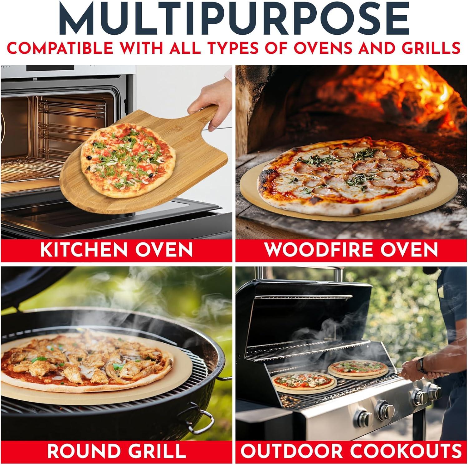 3PCS Round Pizza Stone for Oven Set 15" - Comes with Pizza Peel for Oven and Cutter - Cordierite Stones for Bread, Calzone, Cookies